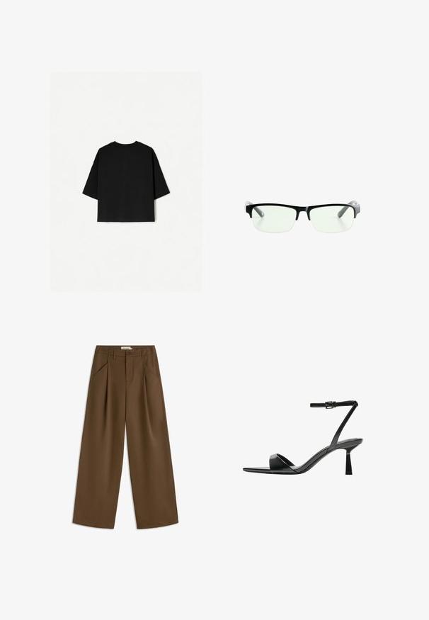 Black oversized T-shirt with short sleeves, crew neckline, and a straight hem. Made of soft cotton with a smooth texture. Back view only.; Brown wide-leg trousers with a high waistband, featuring two front pleats, side pockets, and a single button closure. Smooth texture.; Bershka High heeled sandals - black; Black rectangular eyeglasses with clear lenses, featuring sleek black frames and gray transparent temple tips. Minimalist design, no visible branding.