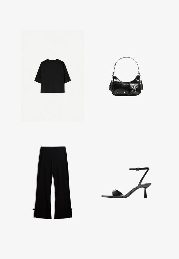 Black oversized T-shirt with short sleeves, crew neckline, and a straight hem. Made of soft cotton with a smooth texture. Back view only.; Black wide-leg trousers made from a soft fabric, featuring side slits secured with bows at the hem for added detail.; Bershka High heeled sandals - black; Black patent leather handbag with a curved shape, one shoulder strap, front pockets, and silver-tone hardware accents.
