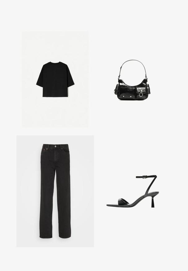 Černé oversized tričko s krátkým rukávem, kulatým výstřihem a rovného střihu. Vyrobeno z měkké bavlny s hladkou texturou. Pohled zezadu.; Černé džíny rovného střihu s pěti kapsami, předním knoflíkem a poutky na opasek, vystavené na bílém pozadí.; Bershka Sandály na vysokém podpatku - black; Černá lakovaná kožená kabelka s křivkovým tvarem, jedním ramenním popruhem, předními kapsami a stříbrnými kovovými detaily.