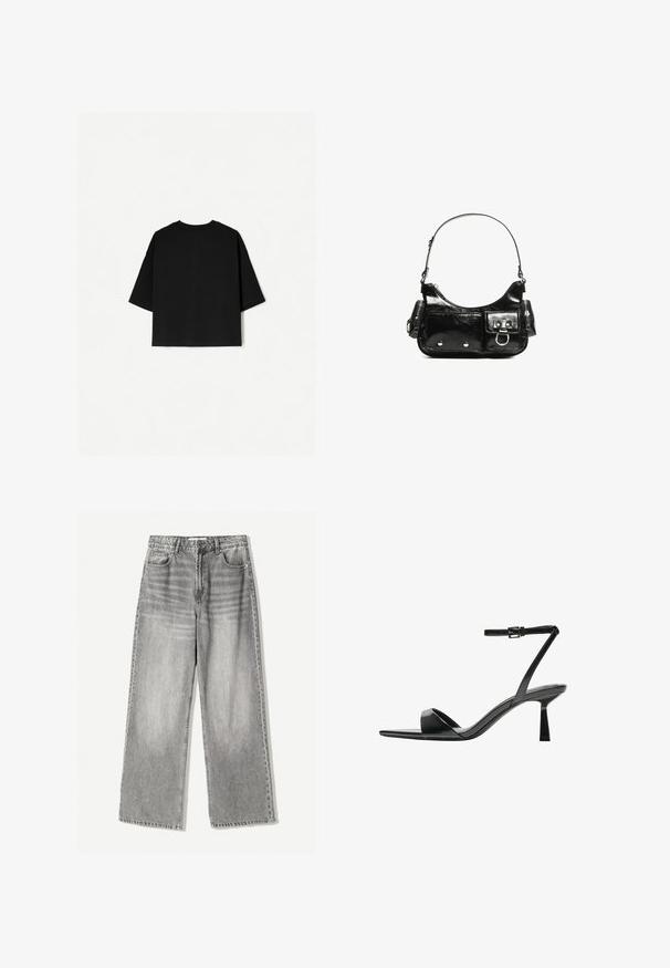 Zwart oversized T-shirt met korte mouwen, ronde halslijn en een rechte zoom. Gemaakt van zacht katoen met een gladde structuur. Alleen achteraanzicht.; Wijde jeans in vervaagd zwart denim met een hoge taille, voorzien van een vijf zakken ontwerp en contrasterende stiksels voor textuur.; Bershka Sandalen met hoge hak - black; Zwarte laarzen in lakleer met een gebogen vorm, één schouderband, voorvakken en accenten in zilverkleurig metaal.