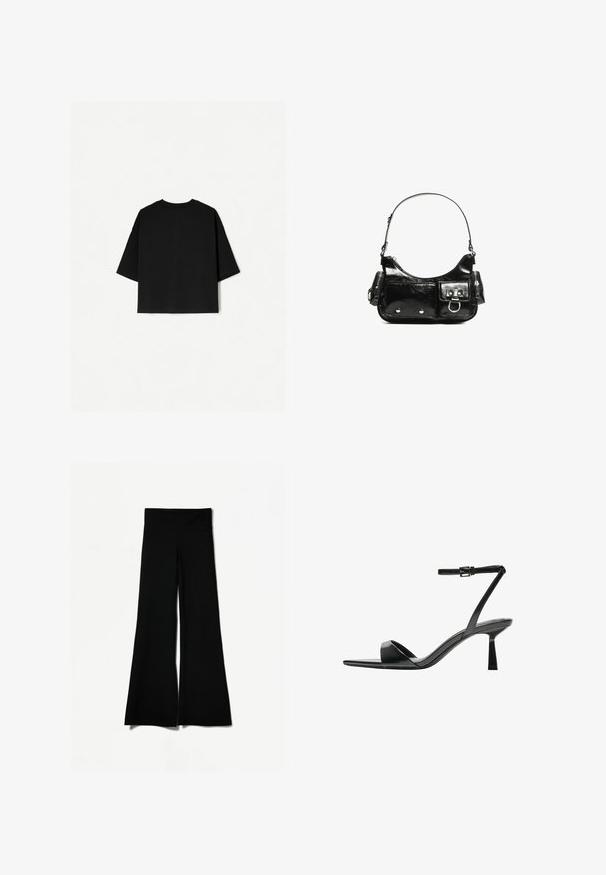 Czarna, oversize koszulka z krótkimi rękawami, okrągłym dekoltem i prostym wykończeniem. Wykonana z miękkiej bawełny o gładkiej fakturze. Widok z tyłu.; Czarne spódnie w kształcie dzwonów z szeroką nogawką, charakteryzujące się gładką teksturą i wysokim stanem. Wykonane z elastycznego materiału dla zapewnienia komfortu.; Bershka - Sandały na obcasie; Czarna torebka z lakierowanej skóry o zaokrąglonym kształcie, z jednym paskiem na ramię, przednimi kieszeniami i akcentami w kolorze srebrnym.