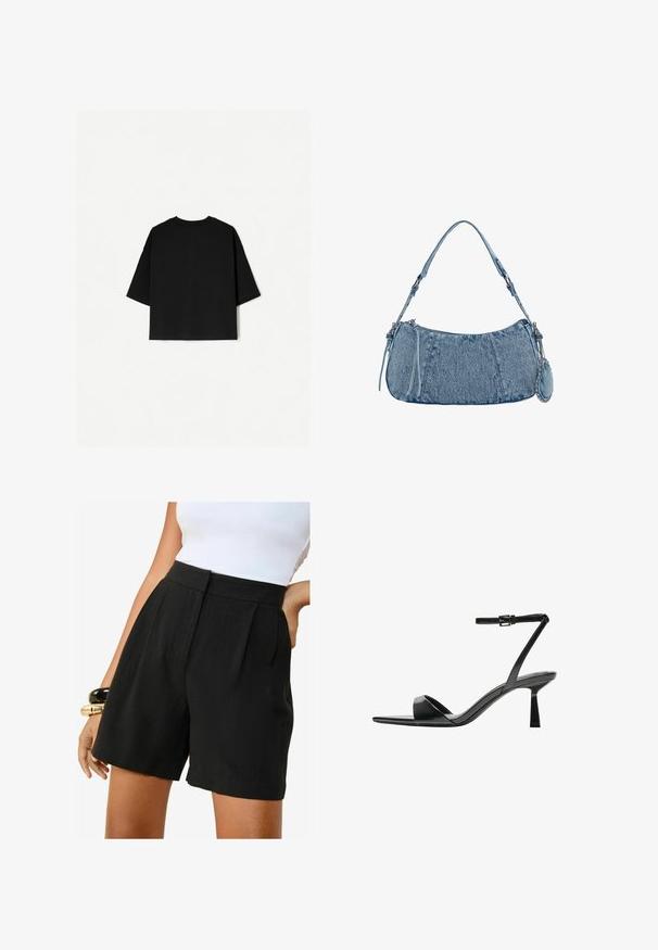 Zwart oversized T-shirt met korte mouwen, ronde halslijn en een rechte zoom. Gemaakt van zacht katoen met een gladde structuur. Alleen achteraanzicht.; Friends Like These REGULAR FIT - TAILORED ELASTIC BACK - Shorts - black; Bershka Sandalen met hoge hak - black; Denim handtas met een gebogen vorm, lichtblauwe kleur, verstelbare schouderriem en een kleine afneembare pouch met metallic accenten.