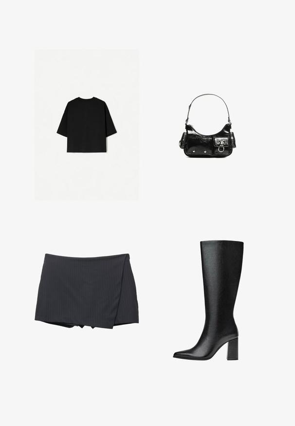 Tricou negru supradimensionat cu mâneci scurte, decolteu circular și tiv drept. Fabricat din bumbac moale, cu o textură netedă. Vedere din spate doar.; Fustă mini cu dungi negre, cu un design tip wrap, realizată dintr-un material neted. Prezentă o finisare curată și fără prinderi vizibile.; Bot negre până la genunchi, realizat din piele ecologică, cu vârf ascuțit, textură netedă și toc gros. Design minimalist fără accente vizibile.; Geantă de mână din piele lăcuită neagră, cu o formă curbată, un umăr, buzunare frontale și accente din metal argintiu.