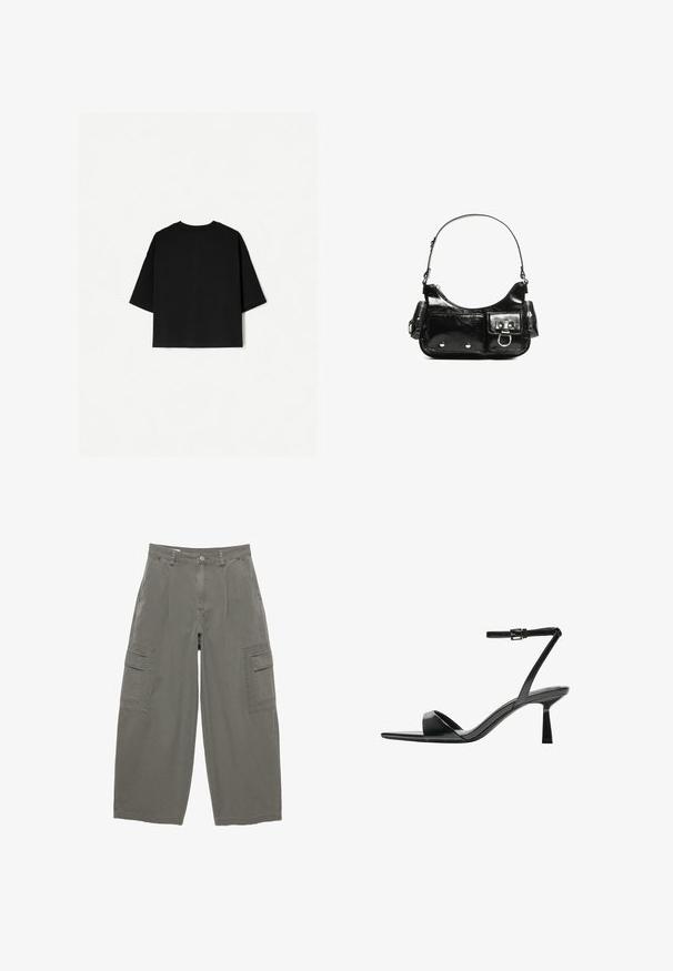 Sort oversized T-shirt med korte ærmer, rund halsudskæring og lige kant. Fremstillet af blødt bomuldsstof med en glat tekstur. Kun bagview.; Olivengrønne cargobukser i stof, med brede ben, forlomme og to sidelommer til cargo med klapper. Tekstureret bomulds materiale.; Bershka Højhælede sandaletter / Højhælede sandaler - black; Sort patenteret læder håndtaske med en buet form, en skulderrem, frontlommer og hardware accenter i sølvfarve.
