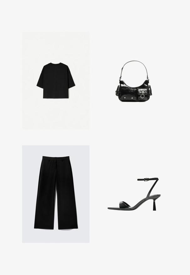 Black oversized T-shirt with short sleeves, crew neckline, and a straight hem. Made of soft cotton with a smooth texture. Back view only.; Black wide-leg trousers with side pockets, belt loops, and front zipper closure on a plain light background.; Bershka High heeled sandals - black; Black patent leather handbag with a curved shape, one shoulder strap, front pockets, and silver-tone hardware accents.