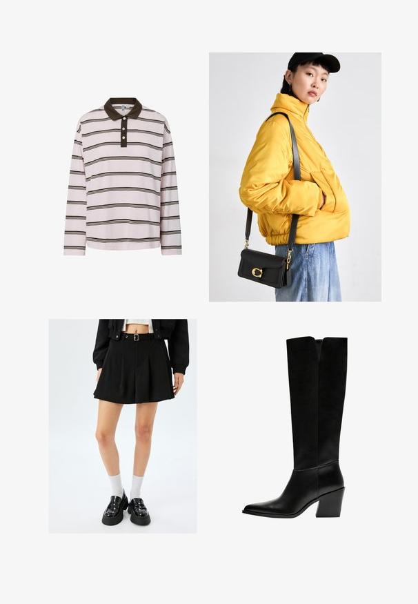 Lange mouwen polo shirt in lichtroze met bruine horizontale strepen, voorzien van een donkerbruine kraag en een placket met drie knopen. Zachte katoenen stof.; Zwarte geplooide mini rok met een riem, gemaakt van gladde stof. Gecombineerd met gepatineerde leren loafers en witte herensokken.; Zwarte laarzen tot de knie van soepel leer, met een puntige neus, een blokhak en een V-vormige uitsparing aan de bovenkant.; Geel gewatteerde jas met hoge kraag en voorzak, gecombineerd met een zwarte schoudertas met gouden hardware. Casual denim broek.