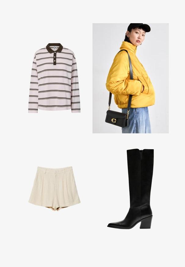 Long-sleeve polo shirt in light pink with brown horizontal stripes, featuring a dark brown collar and three button placket. Soft cotton material.; Beige linen shorts with pleats, a flat waistband, and side pockets. The fabric has a soft texture and a tailored, straight cut.; Black knee-high boots made of smooth leather, featuring a pointed toe, a block heel, and a V-shaped cutout at the top.; Yellow padded jacket with high collar and front pocket, paired with a black crossbody bag featuring gold hardware. Casual denim bottoms.