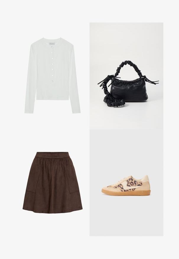 Vit långärmad topp i ribbad tyg, med rund halsringning och en knappad front med sex klara knappar.; Brun mockakjol med elastisk midjeband, utrustad med sidofickor och utsvängd design. Slät textur och knälång längd.; Leopardmönstrade sneakers med överdel i beige mocka, tan gummisula och vita detaljer. Rund tå och snörning med en strukturerad finish.; Svart faux läderhandväska med krokodiltextur, snodd topp och en skrämd rem. Ser mjuk och kompakt ut i designen.