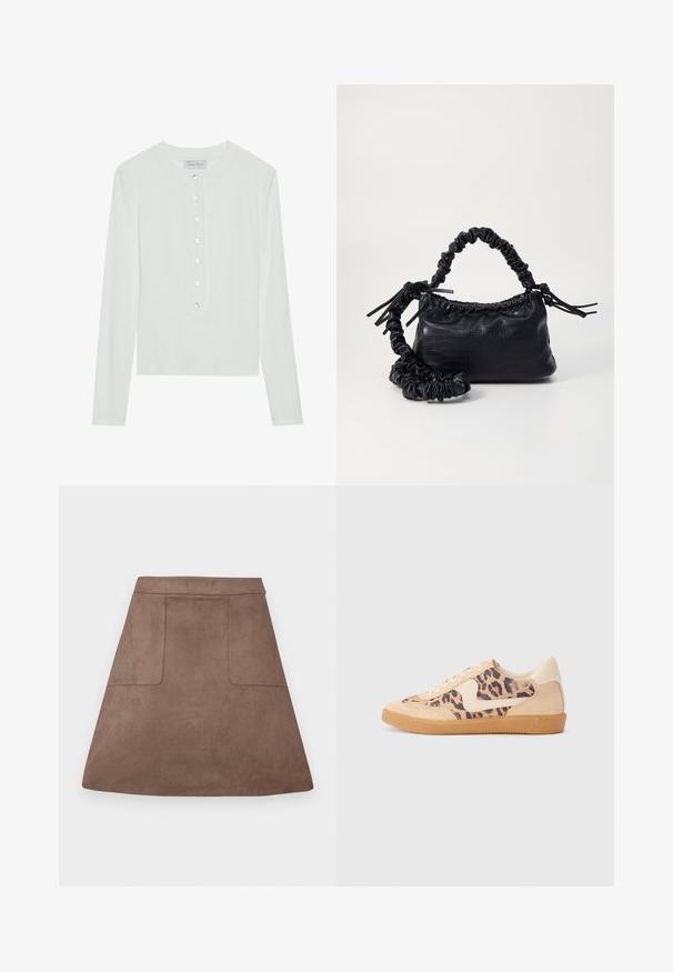 Biele tričko s dlhým rukávom vyrobené z rebrovanej tkaniny, s okrúhlym výstrihom a gombíkovou légiou so šiestimi priehľadnými gombíkmi.; Hnedá semišová sukňa v strihu A s hladkým povrchom, obsahujúca dva predné vrecká a bezšvový pás, navrhnutá na dĺžku nad kolenami.; Tenisky s leopardím vzorom, s béžovým semišovým zvrškom, svetlohnedou gumovou podrážkou a bielymi akcentmi. Okrúhla špička a šnurovací dizajn s textúrovaným povrchom.; Čierna umelá kožená kabelka s kroko vzorom, sťahovaným vrchom a zhnutým popruhom. Vyzerá mäkko a kompaktné v dizajne.