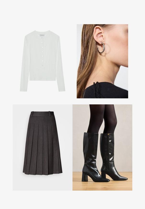 Balta ilga rankovė viršutinė dalis, pagaminta iš glotnaus audinio, su apvaliu iškirpimu ir mygtukais priekyje, turinčiais šešis permatomus mygtukus.; Pilkas raukiniais sijonas su lygiu juosmeniu, midi ilgio ir sklandžiu paviršiumi, su ryškiais, tolygiai išdėstytais raukiniais visame paviršiuje.; Juodų odinių batų iki kelių su blizgiu paviršiumi, smailia nosimi ir masyviu kulnu. Šone esanti užtrauktuko detalė, kad būtų lengviau užsidėti.; Sidabrinė lankinė auskarai su poliruotu paviršiumi, turintys mažus auksinius akcentus ir apvalią formą, dėvimi ant ausies kaušelio.