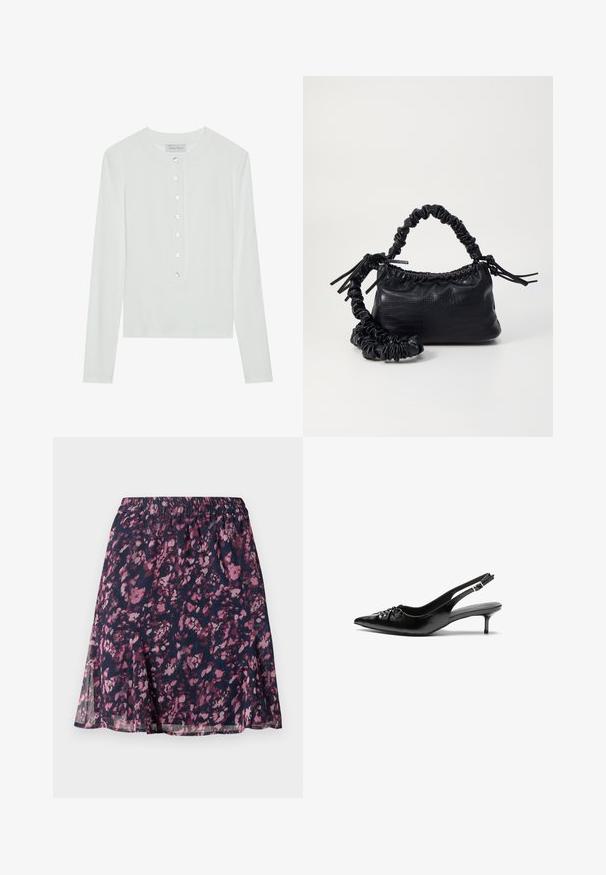 Top alb cu mânecă lungă, realizat dintr-un material cu nervuri, având un guler rotund și un sistem de închidere cu șase butoane transparente.; Fustă bleumarin cu elastic în talie, având un model abstract floral în nuanțe de roz și mov și un tiv ușor evazat.; Cizme slingback din piele neagră, cu vârf ascuțit, toc mic de tip kitten heel și un detaliu decorativ sub formă de nod în față. Textură netedă pe întreaga suprafață.; Geantă din faux leather neagră cu textură de crocodil, cu partea superioară strânsă și o curea mototolită. Pare moale și compactă ca design.