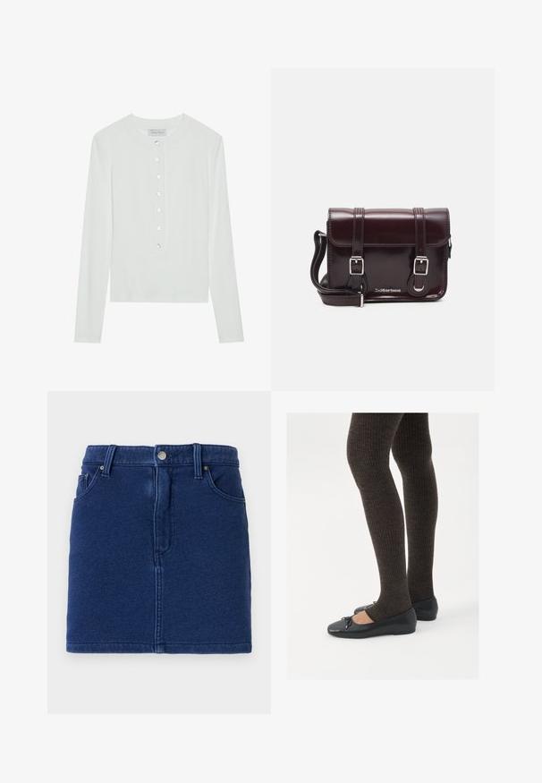 Hvit langermet topp laget av ribbestrikket stoff, med rund halslinning og en knappet front med seks klare knapper.; Denimsnærkjole i dyp blå med en tettsittende design, frontlås med knapper og to sidelommer. Har synlige sømmer og rett kant.; Sorte flate sko med en liten sløyfedetalj på tåen, kombinert med mørkebrune ribbede strømpebukser. Skoene har en glatt overflate og lav profil.; Burgunderfarget patentlær crossover-veske med rektangulær form, to stropper, sølvfarget hardware og klaffelukking.