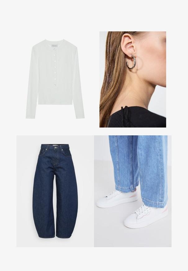 Valkoinen pitkähihaisella puserolla, joka on valmistettu ribbitetystä kankaasta. Puserossa on pyöreä pääntie ja kuuden läpinäkyvän napin pujotettu etuosa.; Tummansiniset farkut, joissa on leveä ja rento istuvuus. Niissä on vetoketjullinen haarakiinnitys, neljä taskua ja kontrastiväriset saumat.; Valkoiset lenkkarit, joissa on vaaleanpunaisia yksityiskohtia ja valkoiset nauhat. Yhdistetty vaaleansinihin, leveälahkeisiin farkkuroihin, jotka päättyvät nilkkaan. Sileä rakenne.; Hopea renkaankorvakoru kiiltävällä pinnalla, jossa on pieniä kultaisia yksityiskohtia ja pyöreä muoto, käytetty korvalla.