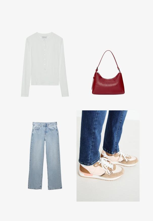 Valkoinen pitkähihaisella puserolla, joka on valmistettu ribbitetystä kankaasta. Puserossa on pyöreä pääntie ja kuuden läpinäkyvän napin pujotettu etuosa.; Vaaleansiniset farkut, joissa on leveä lahjemuotoilu, nappi- ja vetoketjusuljenta, viisi taskua sekä vähäiset ompeluyksityiskohdat.; Tossut, joissa on sekoitus vaaleanpunaisesta nahasta ja beigeestä mokasta, joissa on valkoiset nauhat, valkoinen välikerros ja teksturoitu kumipohja. Farkut ovat hieman kohotetut kengän ylle.; Punokas nahkainen olkalaukku, jossa on kaareva muotoilu, sileä pinta ja vetoketjuluukku. Laukussa on ohut kantohihna.