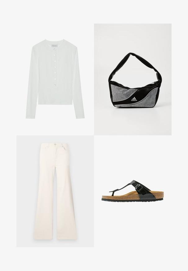 Witte lange mouwen top van ribstof, met een ronde halslijn en een knopenfront met zes doorzichtige knopen.; ONLY ONLMADISON WIDE - Wide leg - ecru; Zwarte gepatineerde teenslipper met verstelbare gesp, kurken voetbed en rubberen zool. Beschikt over een slank ontwerp met een textuur in het voetbed.; Zwarte en zilveren adidas-handtas met een gladde textuur, voorzien van een glanzend gestofd patroon en een onderscheidend gebogen ontwerp.