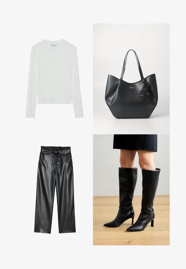 Valge pika varrukaga särk, valmistatud ribakanga iseloomuga, ümmarguse kaelusega ning ees olevate kuue läbipaistva nupuga.; Must mustra aktiivse nahaga laiad püksid elastse kroogitud vöökoht ja eemaldatav sidumisrihm. Sile tekstuur ja minimaalne sära.; Mustad põlvekõrgused saapad terava varba, kõrge kontsaga, siledast nahast, külgzipperiga ja metallist pandlaga rihmaga.; Mustmust kotte, mis on valmistatud tekstureeritud sünteetilisest materjalist, laia siluettiga, millel on kaks käepidet ja bränditud ripatise detail.; Hõbedane rõngas kõrvarõngas poleeritud viimistlusega, millel on väikesed kuldsed aktsendid ja ümmargune kuju, kantud lobus.