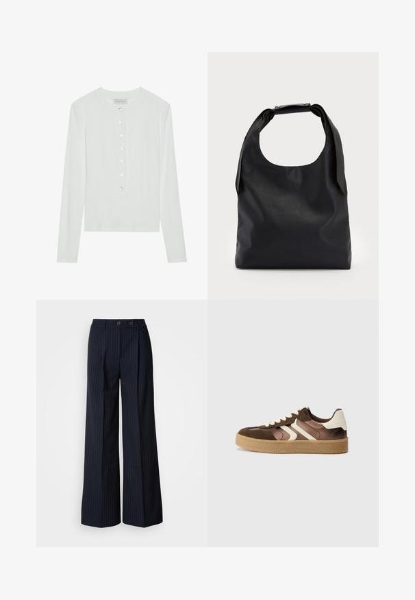 Vit långärmad topp i ribbad tyg, med rund halsringning och en knappad front med sex klara knappar.; Marinblå randiga vida byxor med två framknappar, skräddarsydd design, veck framtill och en slät yta.; Bruna och krämfärgade sneakers med en kombination av mocka och satinmaterial, med tre diagonala ränder och en texturerad gummisula.; Svart läderhandväska med en stor öppen topp och en enkel axelrem. Mjuk textur, minimalistisk design, med subtila metallaccenter.; Guldörhängen i form av ringar med en texturerad, oregelbunden form. Har en sömlös stängning och en polerad yta som betonar en modern design.