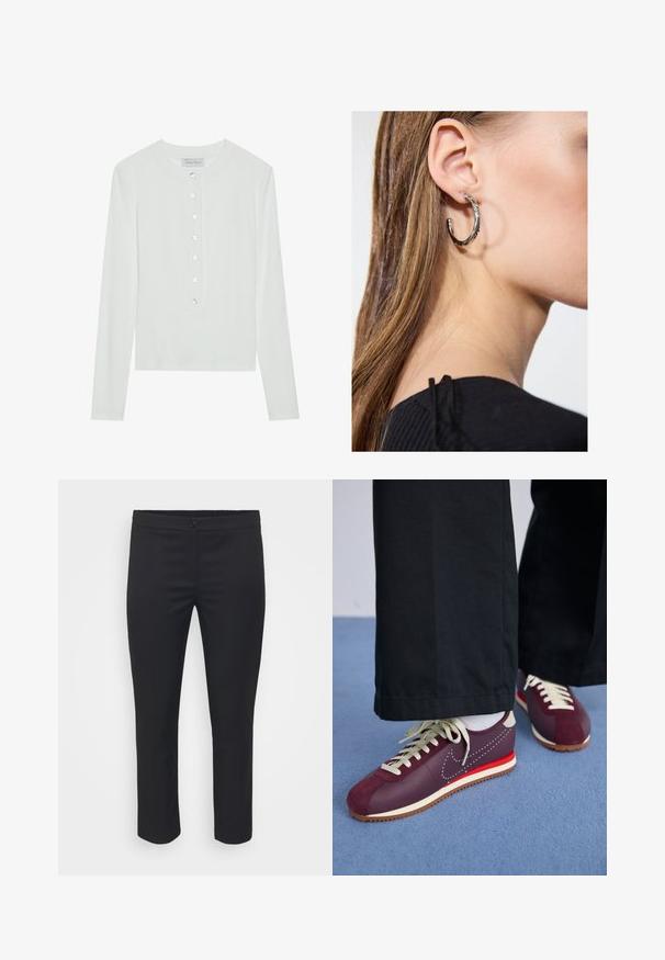 Valge pika varrukaga särk, valmistatud ribakanga iseloomuga, ümmarguse kaelusega ning ees olevate kuue läbipaistva nupuga.; Mustad mustraalsed püksid sujuva tekstuuriga, keskmise kõrgusega talje ja lühikese pikkusega. Omab esimest nööp sulgemist ja puhtaid jooni.; Kohvi- ja kreemivärvi spordijalatsid, mille materjal on segu nubukist ja sileda pinnaga ning millel on kontrastne punane aksent, valged paelad ja tekstuuriga tald.; Hõbedane rõngas kõrvarõngas poleeritud viimistlusega, millel on väikesed kuldsed aktsendid ja ümmargune kuju, kantud lobus.