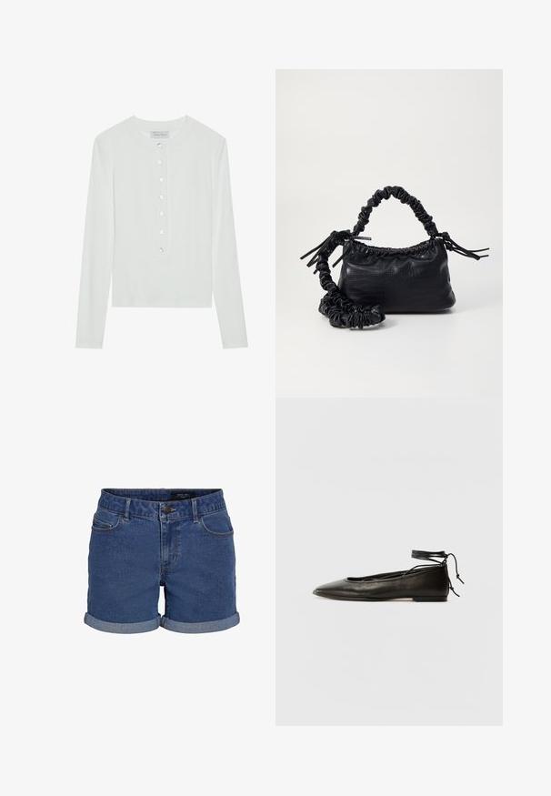 Bela dolga majica z dolgimi rokavi, izdelana iz rebraste tkanine, z okroglim izrezom in sprednjim delom s šestimi prozornimi gumbi.; Jeans šortki v temno modri barvi s klasičnim krojem. Imajo zavite robove, dva sprednja žepa in gumbasto zapiranje. Gladka tekstura.; Črne usnjene baletne čevlje s koničastim nosom, vezi okrog gležnja in ravnim podplatom, ki se ponašajo z gladko teksturo in minimalističnim dizajnom.; Črna torbica iz umetnega usnja s krokodilovo teksturo, z zvitim vrhom in zmečkano naramico. Zdi se mehka in kompaktna v oblikovanju.