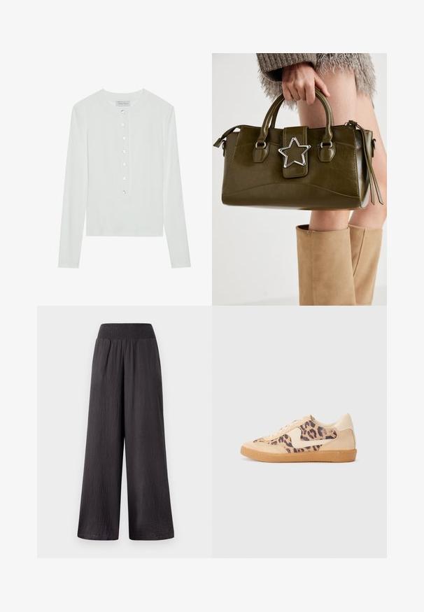 Top blanco de manga larga hecho de tela acanalada, con un cuello redondo y un cierre frontal abotonado con seis botones transparentes.; Pantalones negros de pierna ancha con cintura fruncida, confeccionados en una tela texturizada y ligera, que presentan un ajuste holgado y un diseño de largo completo.; Zapatillas de leopardo con parte superior de ante beige, suela de goma marrón y acentos blancos. Punta redonda y diseño con cordones con un acabado texturado.; Bolso de mano de cuero sintético verde oliva con acento de estrella plateada, doble asa y cierre de cremallera. Superficie texturizada y forma estructurada.
