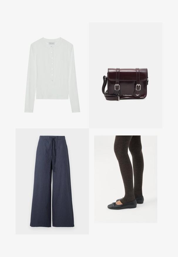 Top alb cu mânecă lungă, realizat dintr-un material cu nervuri, având un guler rotund și un sistem de închidere cu șase butoane transparente.; Pantaloni largi de culoare albastru marin cu dungi verticale albe. Confeționați dintr-un material ușor, având talie cu șnur și o textură netedă.; Pantofi negri cu un detaliu mic de fundiță la vârf, asortați cu colanți maro închis, cu textură ondulată. Pantofii au o textură netedă și un profil joase.; Geantă crossbody din piele lac burgundă, cu formă rectangulară, două curele, accesorii din argint și închidere cu clapetă.