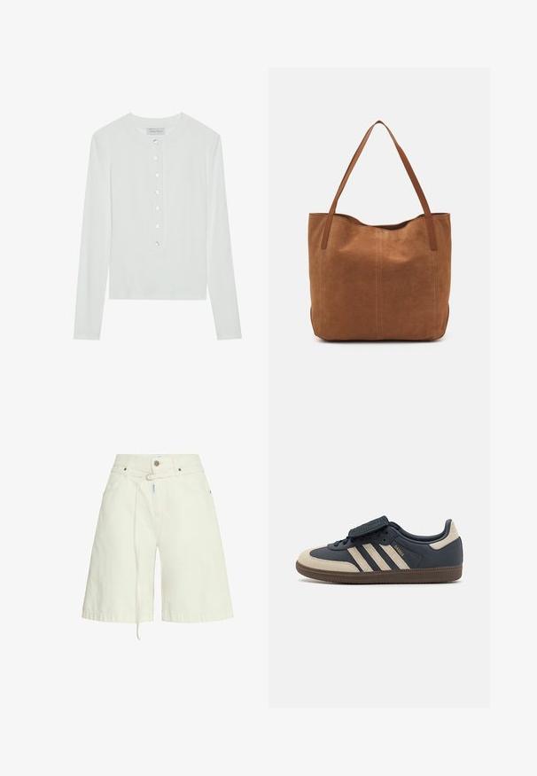 Valge pika varrukaga särk, valmistatud ribakanga iseloomuga, ümmarguse kaelusega ning ees olevate kuue läbipaistva nupuga.; Heledadbeez denimsid shortsid lõdva lõikega, vöökohaga, ees taskutega ja nööriga detailiga vöös. Sile tekstuur.; Tumes nahk-sneakerid kreemjate detailidega, külgedel kolm triipu, ümmargune varvas ja tekstureeritud pruun kummitald. Ülemisel osal on Velcro klapp.; Pruun nubukist kott kahe pika sangaga, millel on sile tekstuur, lihtne disain ja nähtavad riistvara või aksessuaarid puuduvad.