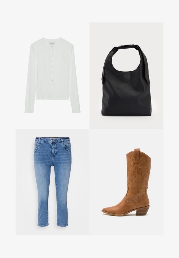 Balts ilgas piedurknes tops, izgatavots no ribota auduma, ar apaļu kakla izgriezumu un pogu priekšpusi ar sešām caurspīdīgām pogām.; Gaiši zili džinsi ar pieguļošu dizainu, vidēji augstu jostasvietu un saīsinātu garumu. Iekļauj četras kabatas un pogu aizdari.; Brūni ādas kovboju zābaks ar norādītu purngalu, izšūtām viļņveida apakšējo detaļu un sakrautajiem blokiem. Iezīmēts ar velkšanas cilpu ērtai uzvilkšanai.; Melnas ādas rokassoma ar plašu atvērtu augšu un vienu plecu siksnu. Mīksta tekstūra, minimāls dizains, ar smalkiem metāla aksesuāriem.; Sudraba riņķveida auss gredzeni ar gludu, pulētu apdari. Apaļa forma un drošs klikšķa augšējais slēgums. Viegls dizains, kas piemērots ikdienas valkāšanai.