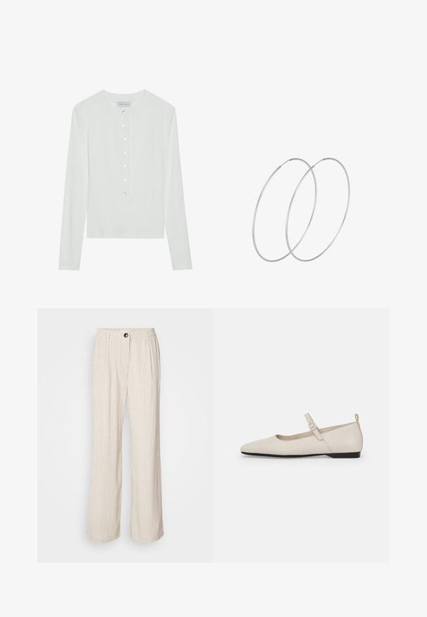 Biele tričko s dlhým rukávom vyrobené z rebrovanej tkaniny, s okrúhlym výstrihom a gombíkovou légiou so šiestimi priehľadnými gombíkmi.; Svetlobéžové nohavice s širokými nohavicami a vertikálnymi pruhmi, elastický pás a zapínanie na gombík. Vyrobené z textúrovanej tkaniny pre voľný strih.; Biele kožené Mary Jane balerínky s špicatou špičkou, postrannou sponou a nízkym čiernym opätkom. Hladká textúra a minimalistický dizajn.; Strieborné kruhové náušnice s minimalistickým dizajnom. Cirkulárny tvar, hladký povrch a tenký profil. Ľahké s lesklým povrchom.