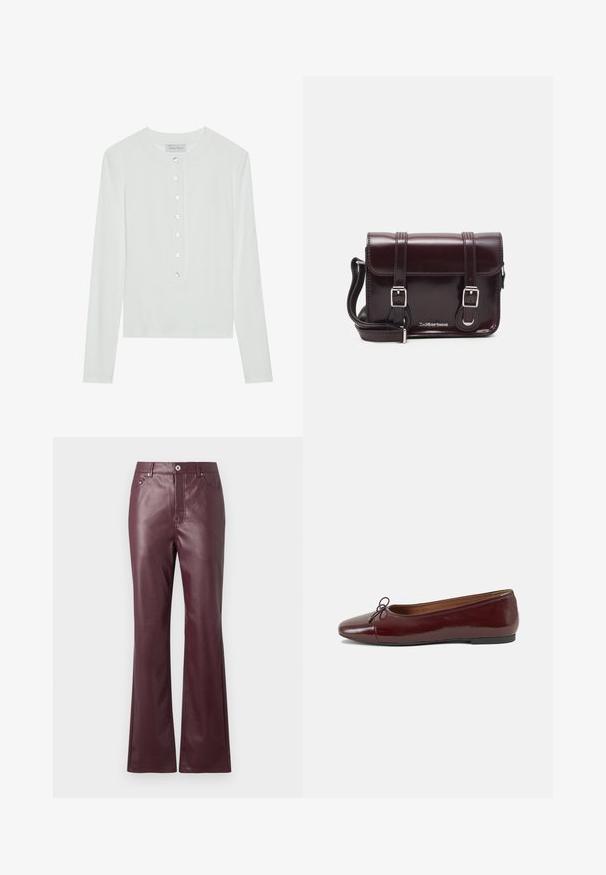 Valge pika varrukaga särk, valmistatud ribakanga iseloomuga, ümmarguse kaelusega ning ees olevate kuue läbipaistva nupuga.; Burgundi tooni faux nahast laiad püksid, millel on sile tekstuur, ees taskud ja metallist nupp vöökohal.; Burgundi patendnahk kingad balletitüüpi, ümmarguse ninaosa, ees väike paelaaktsent ja madal must kummist tald. Sile tekstuur.; Burgundi värvi patendiga nahast risti koti, millel on ristkülikuline kuju, kaks rihma, hõbedased detailid ja klapi sulgur.