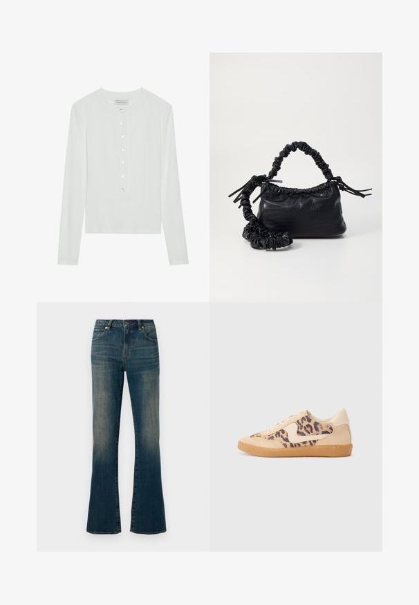 Bjela dugačka majica s dugim rukavima od rebraste tkanine, koja ima okrugli dekolte i prednji dio s dugmićima s šest prozirnih dugmadi.; Plave traperice s proširenim nogavicama i blago izblijedjelim finišem, dizajnom s pet džepova, kopčanjem na gumb i šivanjem duž šavova.; Tenisice s uzorkom leoparda, bež nubuk gornjištem, smešnim gumenim đonom i bijelim detaljima. Okrugli vrh i dizajn s vezicama s teksturiranom završnom obradom.; Crna torba od umjetne kože s teksturom krokodila, s cinčanim vrhom i naboranom trakom. Izgleda mekano i kompaktno u dizajnu.