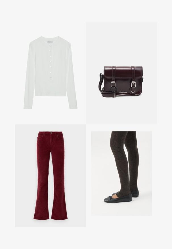 Bílý dlouhý rukáv top vyrobený z ribované látky, který má kulatý výstřih a přední zapínání na šest průhledných knoflíků.; Burgundské manšestrové kalhoty s rozšířenými nohavicemi, předními kapsami, poutky na pás a knoflíkovým zapínáním na bílém pozadí.; Černé ploché boty s malou mašlí na špičce, kombinované s tmavě hnědými žebrovanými punčochami. Boty mají hladký povrch a nízký profil.; Burgundská lakovaná křížová taška obdélníkového tvaru, se dvěma popruhy, stříbrnými kovovými doplňky a klopovým uzávěrem.