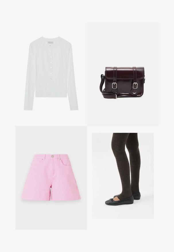 White long-sleeve top made of ribbed fabric, featuring a round neckline and a buttoned front with six clear buttons.; Pink and white striped shorts with a button and zipper closure, featuring front pockets and a relaxed fit. Cotton fabric, smooth texture.; Black flat shoes with a small bow detail at the toe, paired with dark brown ribbed tights. Shoes have a smooth texture and low profile.; Burgundy patent leather crossbody bag with a rectangular shape, two straps, silver hardware, and a flap closure.