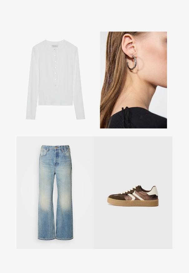 Hvit langermet topp laget av ribbestrikket stoff, med rund halslinning og en knappet front med seks klare knapper.; Lyseblå denimvide bukser med en falmet effekt, som har en knaplukning, bæltestropper og fem lomme-design.; Brune og kremfargede joggesko i en kombinasjon av semsket lær og satengmaterialer, med tre skrå striper og en teksturert gummisåle.; Sølv ringøredob med en polert finish, med små gull detaljer og en rund form, båret på øreflippen.