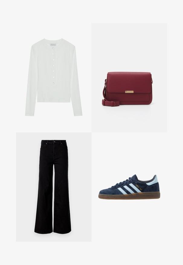 Witte lange mouwen top van ribstof, met een ronde halslijn en een knopenfront met zes doorzichtige knopen.; Zwarte high-waist wide-leg jeans met voor- en achterzakken, knoopsluiting en riemlussen op een effen witte achtergrond.; Marineblau suede Adidas sneaker met lichtblauwe strepen, gumzool, lichtblauw hielstuk en gouden "Spezial" branding aan de zijkant.; Anna Field Schoudertas - bordeaux