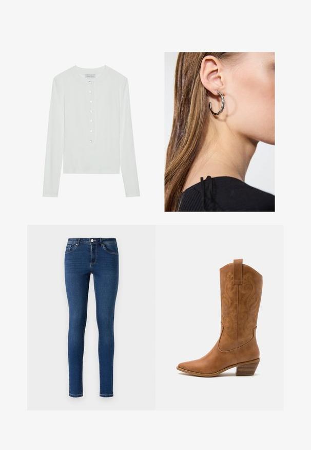 Valkoinen pitkähihaisella puserolla, joka on valmistettu ribbitetystä kankaasta. Puserossa on pyöreä pääntie ja kuuden läpinäkyvän napin pujotettu etuosa.; Kapeat farkut tummansinisinä. Ominaisuuksiin kuuluu klassinen viiden taskun muotoilu, metallinen napitus ja hienovarainen tikkaus saumoissa.; Ruskean nahkainen cowboy-saapas, jossa on terävä kärki, brodeeratut pyörteiset kuviot varressa ja kerroslohko korko. Varustettu nostonipulla helpottamaan pukemista.; Hopea renkaankorvakoru kiiltävällä pinnalla, jossa on pieniä kultaisia yksityiskohtia ja pyöreä muoto, käytetty korvalla.