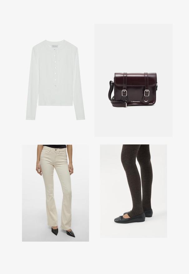 Balts ilgas piedurknes tops, izgatavots no ribota auduma, ar apaļu kakla izgriezumu un pogu priekšpusi ar sešām caurspīdīgām pogām.; Krēma krāsas izplešamās bikses, kas izgatavotas no elastīgas kokvilnas materiāla. Tām ir standarta piecu kabatu stils un priekšējā pogu aizdare.; Melnas plakano formas kurpes ar mazu loku uz pirksta, apvienotas ar tumši brūnām ribotām zeķubiksēm. Kurpēm ir gluda tekstūra un zems profils.; Burgundijas lakotas ādas crossbody soma ar taisnstūrveida formu, divām siksnām, sudraba krāsas aksesuāriem un vāku ar aizdari.