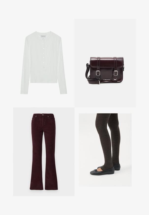 Hvid langærmet top lavet af ribbet stof, med en rund halsudskæring og en knaplukning foran med seks klare knapper.; Burgunderfarvede fløjl flarebukser med en glat tekstur, fem lommer og metalknaplukning ved taljen.; Sorte flade sko med en lille sløjfedetalje ved tåen, parret med mørkebrune ribbede strømpebukser. Skoene har en glat overflade og lav profil.; Burgunderfarvet patentlæder crossover taske med rektangulær form, to remme, sølv hardware og flaplukning.