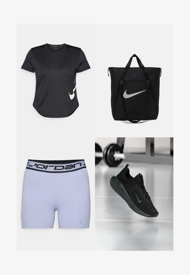 Maglietta sportiva nera a maniche corte, con il logo swoosh bianco di Nike sul lato inferiore e un orlo arrotondato.; Shorts atletici di colore viola chiaro con una vita che presenta il logo Jordan nero. Realizzati in materiale liscio e elastico, con cuciture rinforzate lungo le cuciture.; Sneaker sportivo nero con logo Nike, mostrato in volo su un pavimento da palestra, con un supporto per pesi sfocato sullo sfondo.; Borsa tote nera in nylon con due manici robusti e chiusura con zip. Presenta un grande logo Nike a forma di swoosh in un design a righe orizzontali.