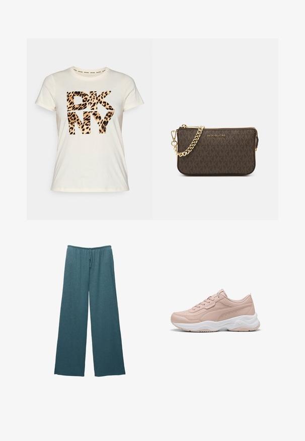 Tricou scurt cu maneci din material crem, având pe față un grafic îndrăzneț, stilizat, de culoare neagră, cu imprimeu leopard, inscripționat "DKNY". Material moale; design lejer.; Pantaloni largi teal confecționați dintr-un material tricotat texturat, dotati cu un tiv elastic și un șnur de ajustare.; Adidași atletici roz deschis, fabricați din piele sintetică, cu guler căptușit, talpă intermediară albă și talpă texturată pentru aderență.; Geantă de umăr din piele maro, cu model logo, curea cu lanț aurit, închidere cu fermoar și accente aurii. Formă compactă și rectangulară.