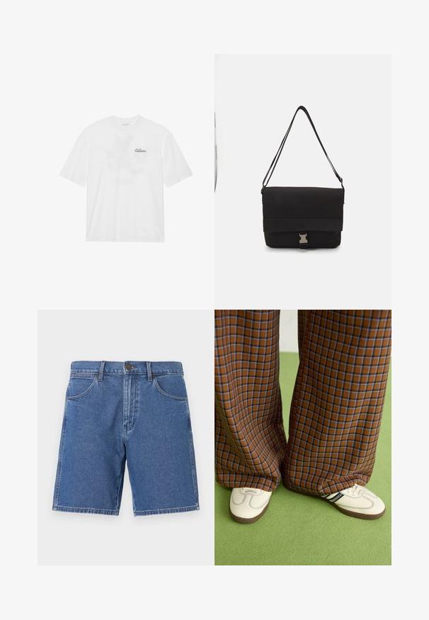 Valkoinen puuvillainen t-paita lyhyillä hihoilla, jossa on edessä painatus "Liidä rauhallisuuteen" mustalla ja vihreällä.; Farkkuhousut keskisinisessä sävyssä klassisella leikkuulla. Varustettu viidellä taskulla, metallinappisuljenteella ja erottuvalla ompelulla helmoissa.; Ruskonsin ja sininen ruutukuvioinen leveälahkeinen housut yhdistettynä valkoisiin kenkiin, joissa on mustia yksityiskohtia ja tekstuuripohjat, vihreää taustaa vasten.; Musta viestintälaukkua, joka on valmistettu sileästä materiaalista. Laatikko sisältää taitettavan kannen, hopeiset soljet ja säädettävän olkahihnan.