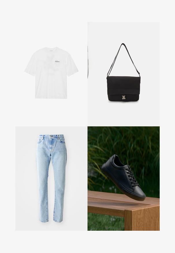 T-shirt en coton blanc à manches courtes, avec une impression à l'avant sur laquelle est inscrit "Prenez votre envol vers la tranquillité" en noir et vert.; Jeans en denim bleu clair avec une coupe droite, style cinq poches et taille haute. Peu de décoloration et pas d'ornements visibles.; Sneaker en cuir noir avec une texture lisse, bout rond et lacets plats, positionné au-dessus d'une surface en bois avec de l'herbe verte en arrière-plan.; Sac messager noir en matériau lisse, avec un rabat repliable, des fermoirs en métal argenté et une bandoulière réglable.
