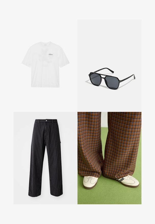 Λευκό βαμβακερό μπλουζάκι με κοντά μανίκια, που διαθέτει μία εμπρόσθια εκτύπωση που λέει "Πετάξτε προς την Ηρεμία" σε μαύρο και πράσινο χρώμα.; Ναυτικές ριγέ παντελόνες με φαρδιά πόδια, φτιαγμένες από ύφασμα με κάθετες λευκές ρίγες, κλείσιμο με κουμπί και φερμουάρ, και πλάγιες τσέπες.; Καφέ και μπλε καρό παντελόνια με φαρδιά πόδια, σε συνδυασμό με λευκά παπούτσια που έχουν μαύρες λεπτομέρειες και υφασμάτινες σόλες, τοποθετημένα σε πράσινο φόντο.; Μαύρα γυαλιά ηλίου με οκταγωνικό σκελετό, σκούρους φακούς, γυαλιστερή φινίρισμα, λεπτά άκρα και χρυσές λεπτομέρειες μπροστά.
