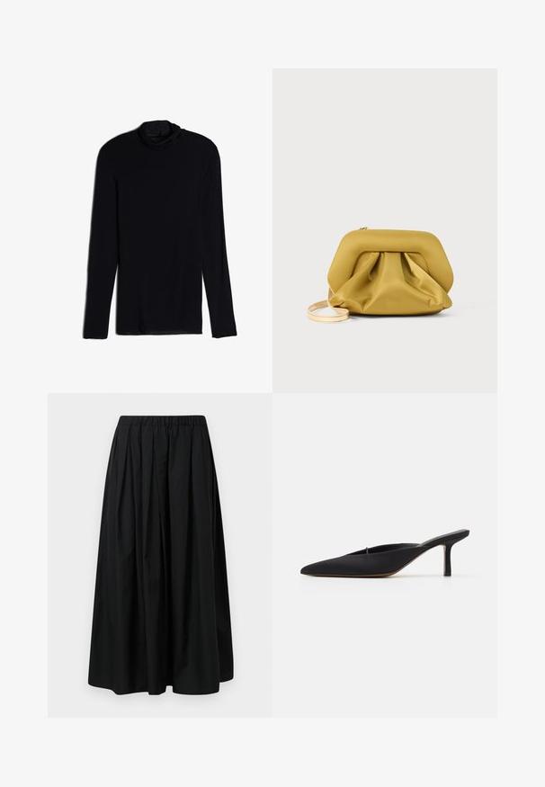 Zwarte langemouwen top met een cowlneck, gemaakt van een zachte, gladde stof; aansluitend ontwerp met rechte zoom en geen zichtbare naden.; Zwarte geplooide rok van lichtgewicht stof met een elastische tailleband. Vloerlange rok met een gladde textuur en een minimalistisch ontwerp.; Zwarte muiltje met spitse neus en een strak ontwerp, gemaakt van gladde stof, met een slanke hak en open achterkant voor gemakkelijk aan- en uittrekken.; Geel, zacht aanvoelend clutch-tas met een gestructureerde bovenkant, een geplooide onderkant en een dunne, afneembare schouderband. Ritssluiting aan de bovenkant.