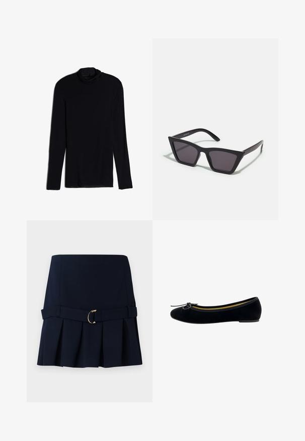 Zwarte langemouwen top met een cowlneck, gemaakt van een zachte, gladde stof; aansluitend ontwerp met rechte zoom en geen zichtbare naden.; Marineblaue plissé rok met een aansluitende taille, voorzien van een brede riem en een gouden gespaccent. Gemaakt van een soepele stof met een gestructureerd ontwerp.; Zwarte fluwelen balletschoenen met een ronde neus, een klein strikje aan de voorkant en een contrasterende gele binnenvoering.; Zwarte, hoekige zonnebril met grijze lenzen; gemaakt van plastic, met dikke armen met een gladde oppervlakte en zonder zichtbare hardware.
