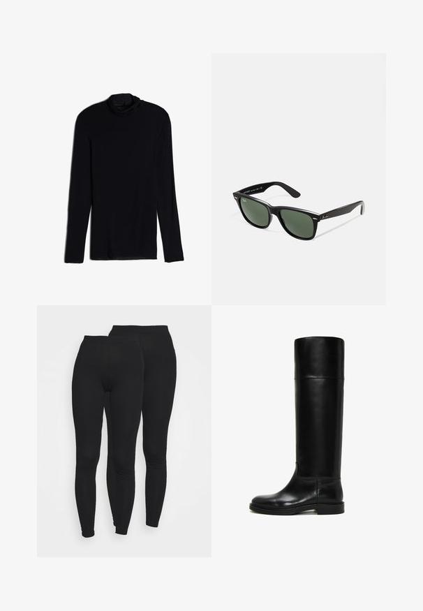 Black long-sleeve top with a cowl neck, made from a soft, smooth fabric; fitted design with straight hem and no visible seams.; Black leggings with an elastic waistband, made of a smooth, stretchy fabric. Features a fitted design tapering at the ankles.; Black leather knee-high boot with a rounded toe, smooth texture, minimalistic design, and a flat rubber sole. No visible hardware or patterns.; Black plastic sunglasses with green lenses, square frames, silver accent on the brow, and textured temple arms. Stated brand on inner arm.