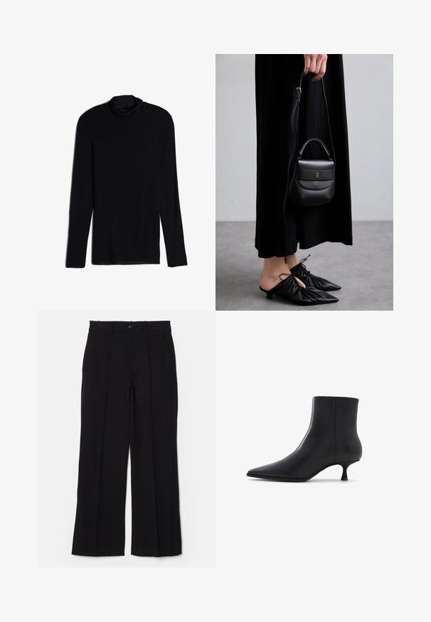 Black long-sleeve top with a cowl neck, made from a soft, smooth fabric; fitted design with straight hem and no visible seams.; Black trousers with a flat front, straight legs, and pockets. Made from a soft fabric, featuring a single button closure and belt loops.; ALDO EMMALIE - Classic ankle boots - black; Small black leather handbag with a rounded shape, top handle, and removable strap. Worn with black fabric dress and black pleated shoes.