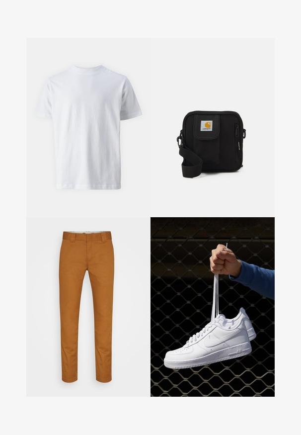 Witte korte mouwen t-shirt van katoen, met een ronde hals en een zachte textuur, met een rechte snit en zonder patronen.; Bordeaux katoenen broek met een rechte pasvorm, voorzakken en een schone, gladde textuur. Bevat riemlussen en discrete stikseldetails.; Witte leren sneakers met perforaties, ronde neus, vlakke zool en dikke veters, met een zichtbare swoosh-logo en "AIR" op de hiel.; Zwarte schoudertas met een rits hoofdcompartiment, voork pocket, verstelbare strap en een zichtbaar logo op de klep.