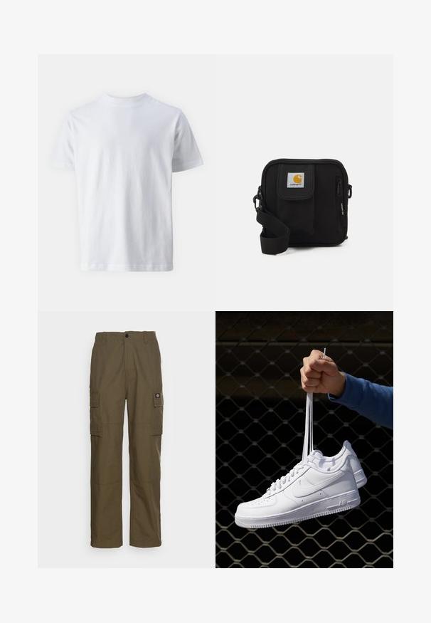 Camiseta blanca de manga corta hecha de algodón, con un cuello redondo y una textura suave, con un corte recto y sin patrones.; Pantalones cargo en verde oliva, hechos de un tejido resistente. Presenta dos bolsillos laterales, una cintura estándar y un diseño de pierna recta.; Zapatillas de cuero blanco con perforaciones, punta redonda, suela plana y cordones gruesos, con un logo de swoosh visible y "AIR" en el talón.; Bolso bandolera negro con un compartimento principal con cremallera, bolsillo frontal, correa ajustable y un parche de logo visible en la tapa.