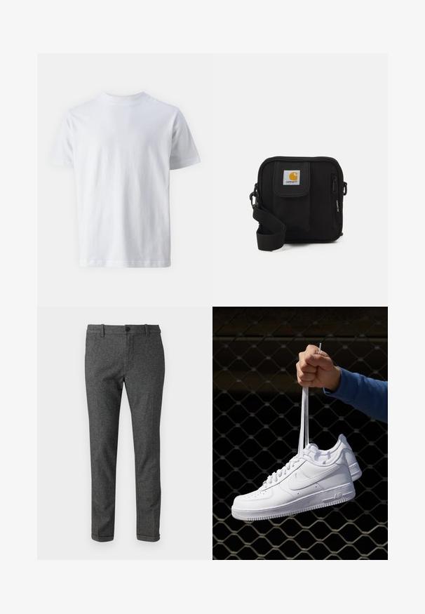 White short-sleeve t-shirt made of cotton, featuring a crew neckline and a smooth texture, with a straight cut and no patterns.; Grey wool blend trousers with a slim fit, featuring a flat front, button closure, and rolled hem. Subtle texture and classic design.; White leather sneakers with perforations, round toe, flat sole, and thick laces, featuring a visible swoosh logo and "AIR" on the heel.; Black crossbody bag with a zippered main compartment, front pocket, adjustable strap, and a visible logo patch on the flap.