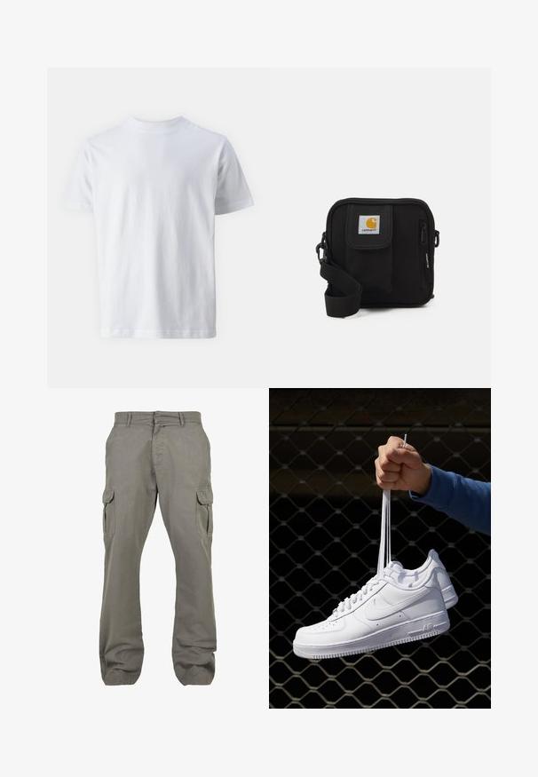 Biela krátkoročná tričko vyrobené z bavlny, s okrúhlym výstrihom a hladkou textúrou, s rovným strihom a bez vzorov.; Cargo nohavice z svetlo šedého materiálu s priamym strihom, s viacerými bočnými vreckami a gombíkovým zapínaním pre bezpečné uchytenie.; Biele kožené tenisky s perforáciami, okrúhlou špičkou, plochou podrážkou a hrubými šnúrkami, pričom majú viditeľné logo swoosh a nápis "AIR" na päte.; Čierna crossbody taška so zipsom, hlavnou priehradkou, prednou kapsou, nastaviteľným popruhom a viditeľnou nášivkou loga na klape.